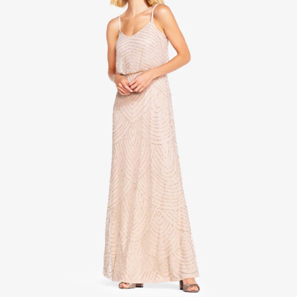 Adrianna Papell Art Deco Beaded Blouson Gown in Blush